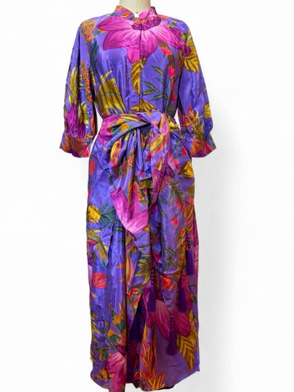 Farm Rio Purple Floral Baloon sleeve Midi dress tassels belt NWT $265 Size S